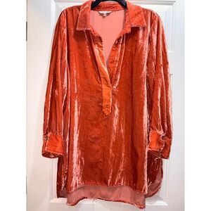 John Mark Women XL Coral Orange Velvet Tunic Top Long Sleeve V-Neck High-Low Hem
